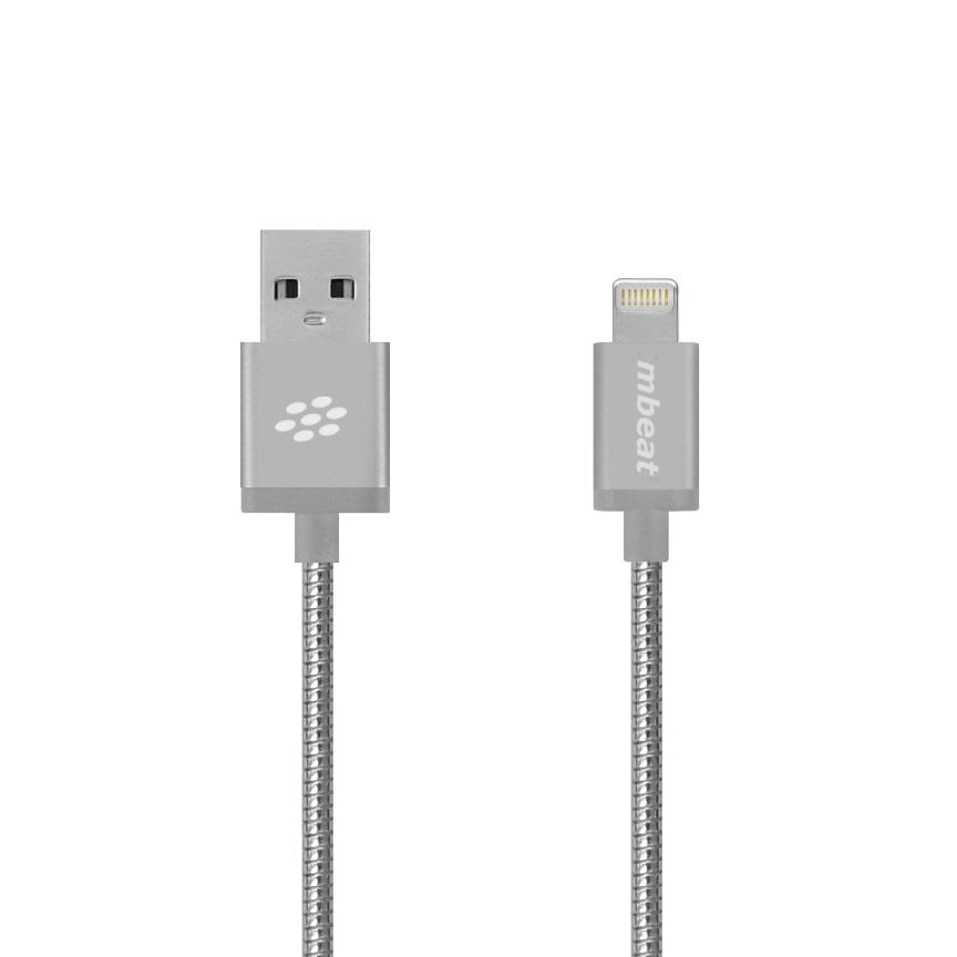 MBEAT Toughlink 1.2m Lightning Fast Charger Cable in silver with a durable metal braided design, compatible with various Apple devices.